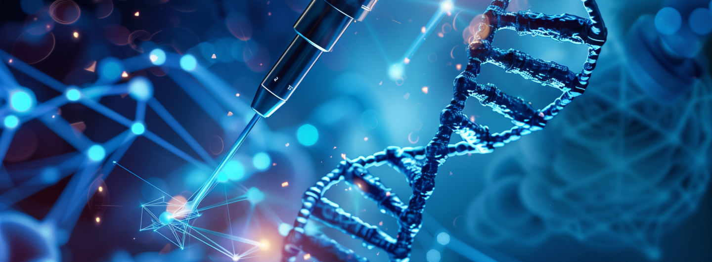 blue background with syringe and dna helix